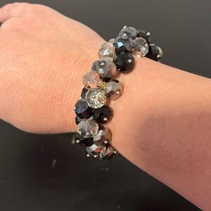 Vintage ALI KHAN New York Bracelet Cluster Black Clear Glass Beads Stretch
